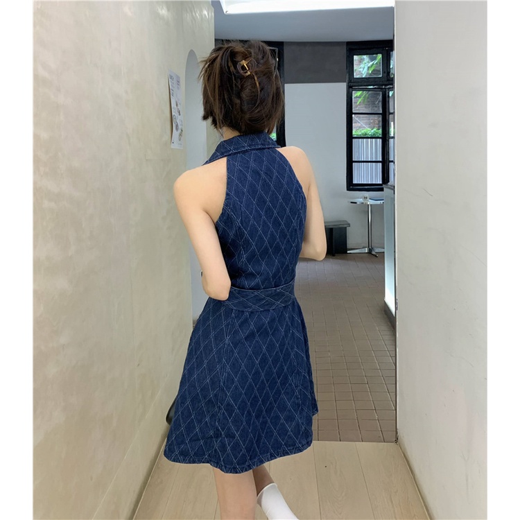 Đầm Denim Sát Nách Cổ Bẻ Nhấn Eo Thời Trang Mùa Hè Phong Cách Hàn Quốc Mới