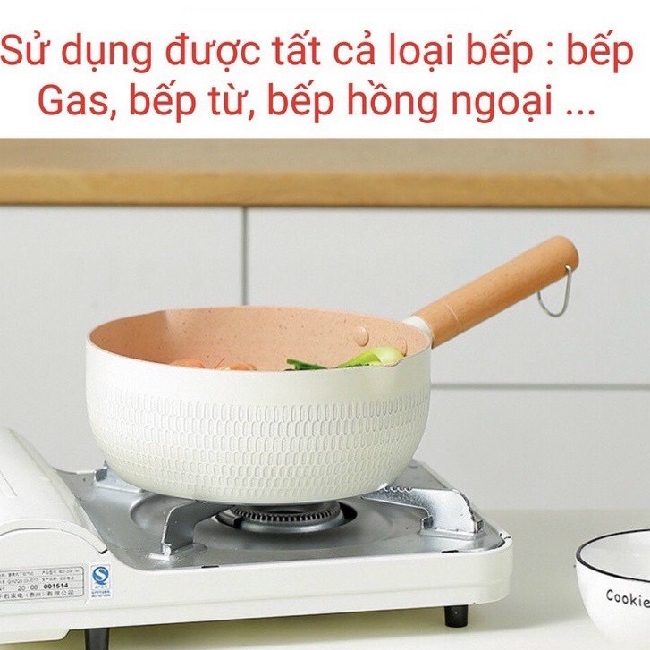 Chảo chống dính Ceramic đáy lòng sâu có tay cầm cán gỗ chống bỏng màu pastel lúa mạch  - không kèm nắp