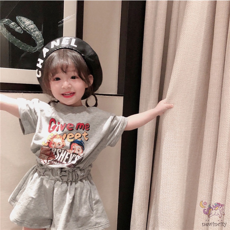 Set Áo Thun Tay Ngắn &amp; Quần Short Cotton In Hoạt Hình Phong Cách Hàn Quốc Cho Bé Gái