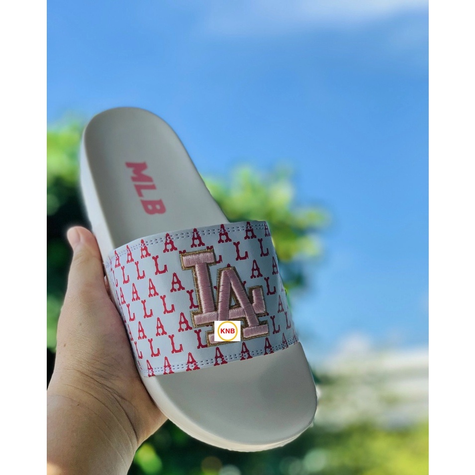 Dép 𝐌𝐋𝐁 UNISEX mẫu dép thể thao ❤️Freeship + Hộp ❤️ Dép LA bóng chày quai ngang nam nữ chữ thêu nỗi kèm tag mác - hồng