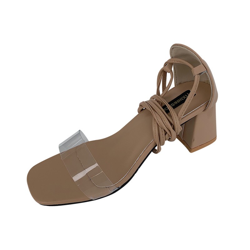 Giày sandals cao gót phối trong suốt thiết kế dây cột cổ chân thời trang mùa hè cho nữ