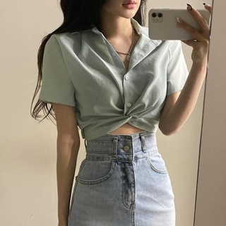 Hình ảnh Áo croptop BH tay ngắn cổ polo lưng cao kiểu Hàn Quốc dễ thương cho nữ