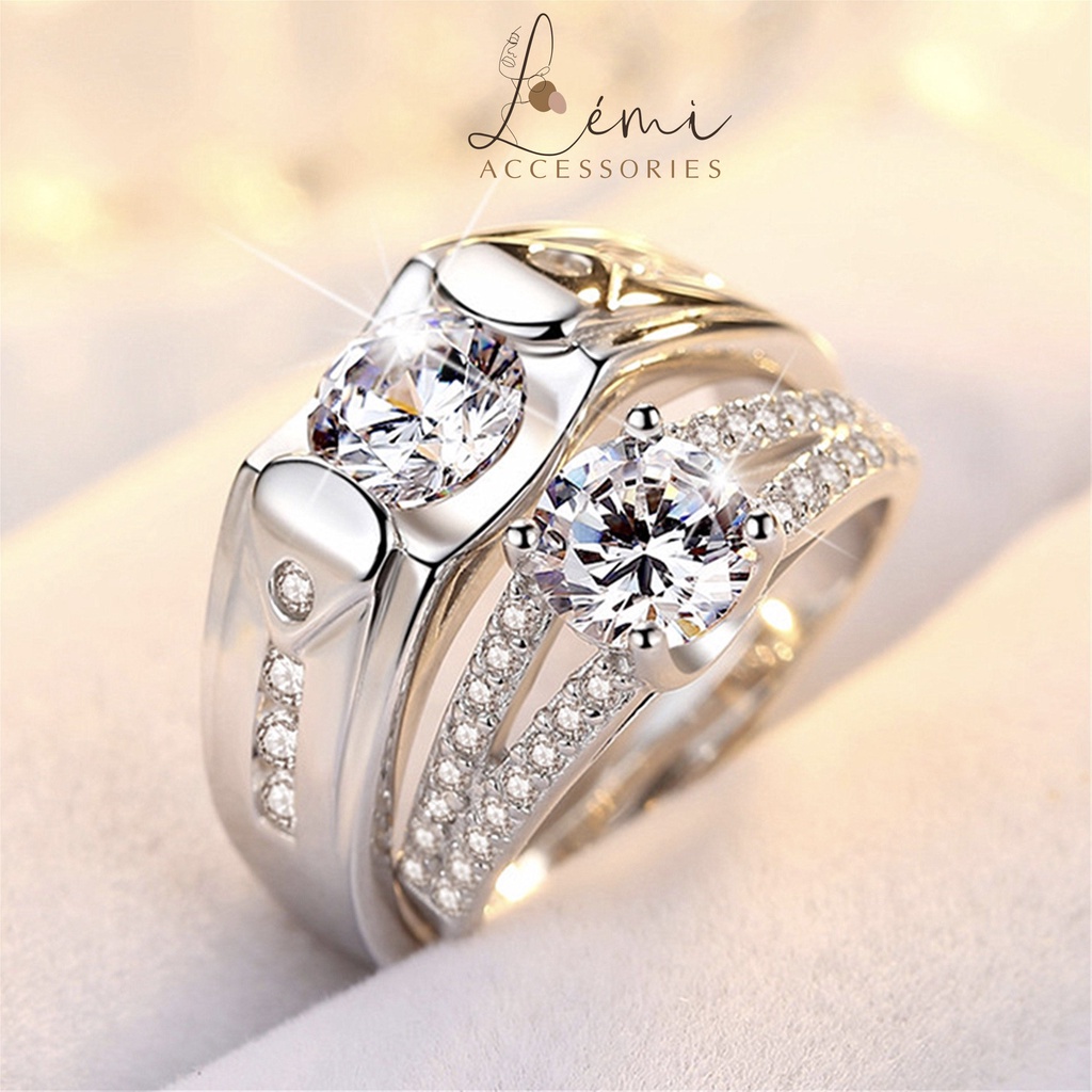 Nhẫn đôi mạ bạc 925 đính đá sang trọng có thể tự điều chỉnh size so với ngón tay Lémi accessories