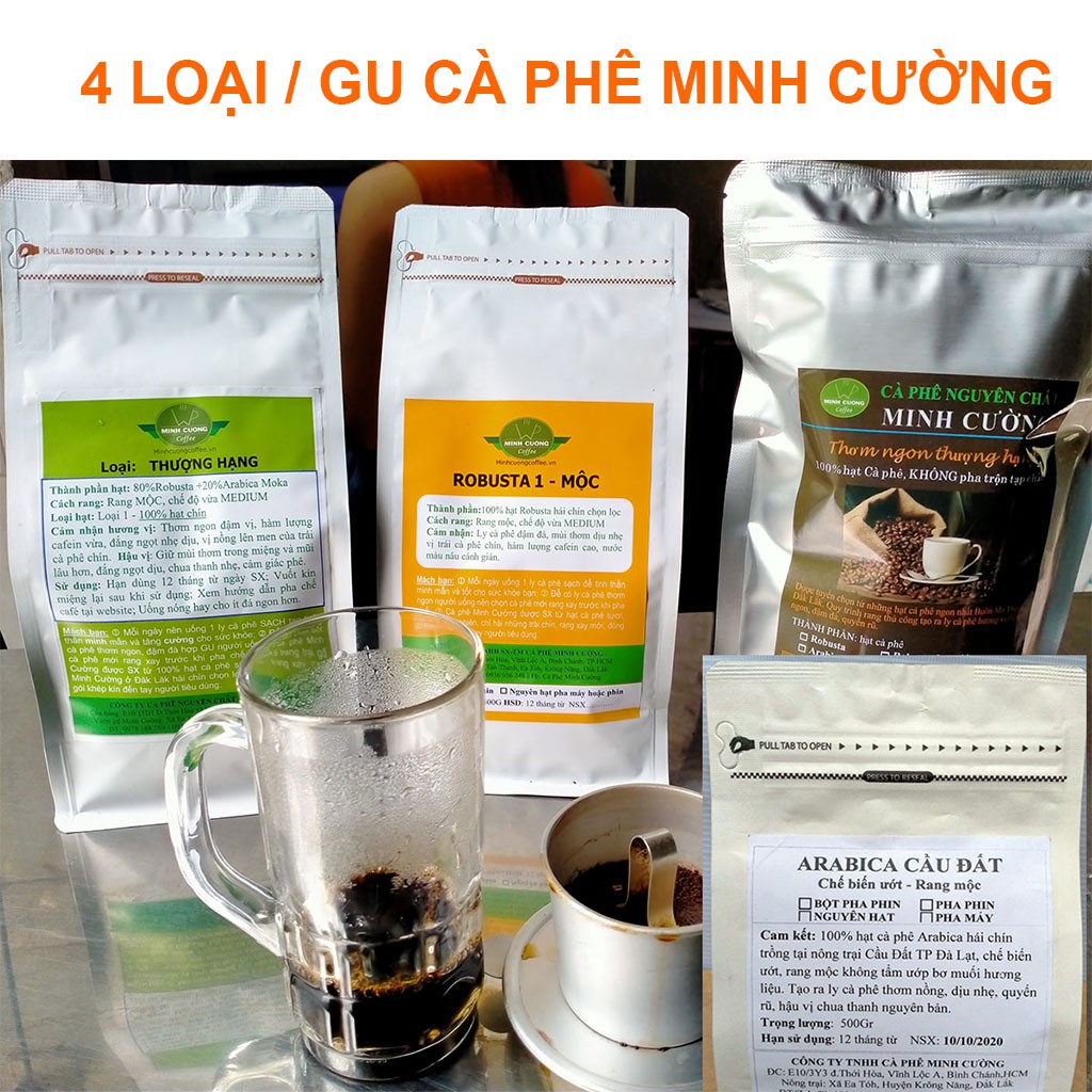 500Gr Cà phê nguyên chất Robusta Arabica Rang MỘC – Cafe hạt pha máy, Cà phê bột pha Phin - Cà Phê Minh Cường