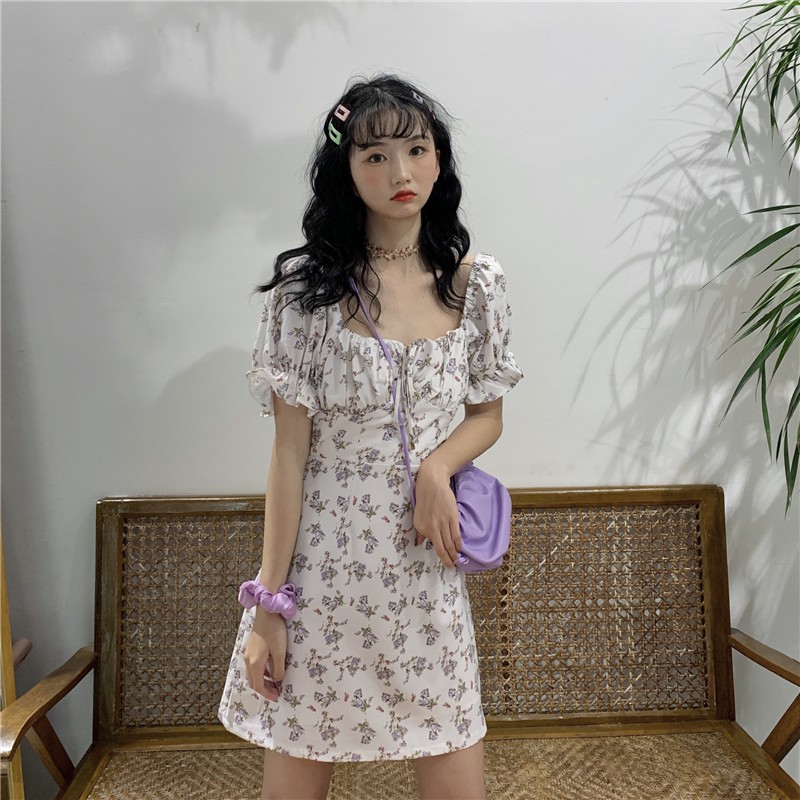 Đầm Xiaozhainv Cổ Vuông Tay Ngắn Họa Tiết Hoa Xinh Xắn Cho Nữ | BigBuy360 - bigbuy360.vn