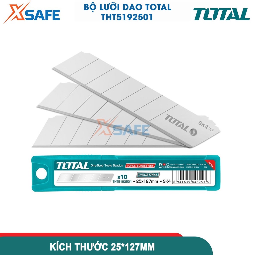 Bộ 10 lưỡi dao rọc giấy TOTAL THT5192501 25x127mm, thép SK4 cứng chắc, hộp nhựa chắc chắn chống thất lạc - CHÍNH HÃNG