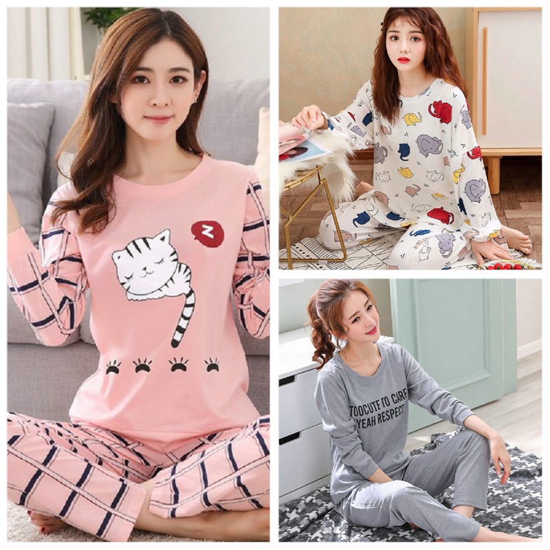 Bộ đồ ngủ pajamas cổ tròn dài tay in hình mèo đáng yêu thời trang cho nữ