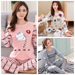 Bộ đồ ngủ pajamas cổ tròn dài tay in hình mèo đáng yêu thời trang cho nữ