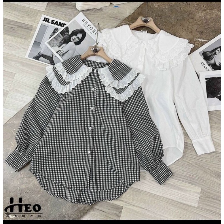 Áo sơ mi kẻ caro cổ 2 tầng bèo phối ren- dáng BABYDOLL MS267