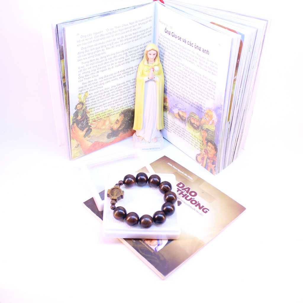 Vòng Tay Chuỗi Mân Côi Mun Sọc Nâu Đen Gỗ 14ly Thánh Giá khắc hình