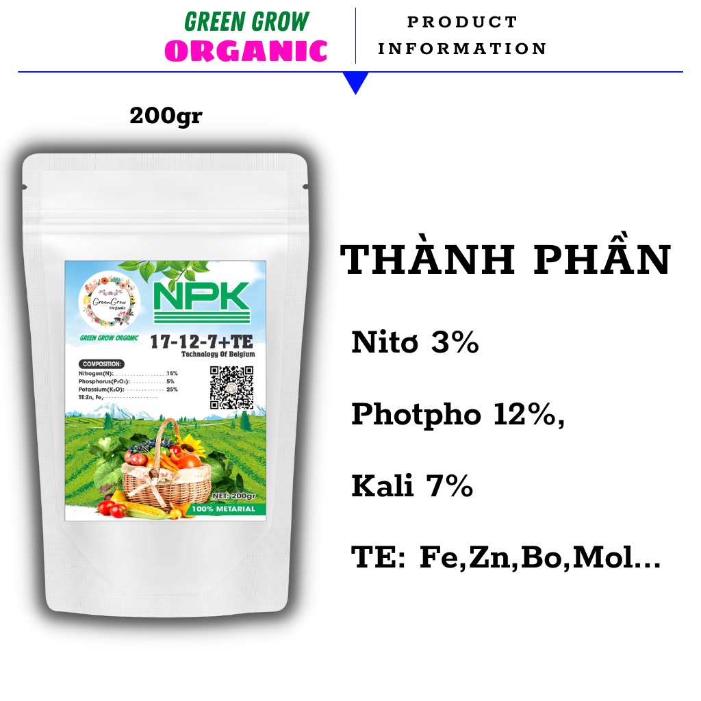 Phân bón NPK nhập nhẩu BỈ Green Grow Organic, phân npk 17 12 7 kích rễ kích chồi thân cành phát triển mạnh MS117