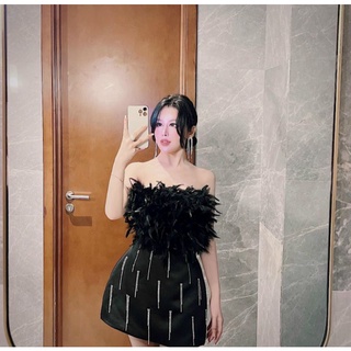 Đầm dự tiệc lụa phối lông đính đá