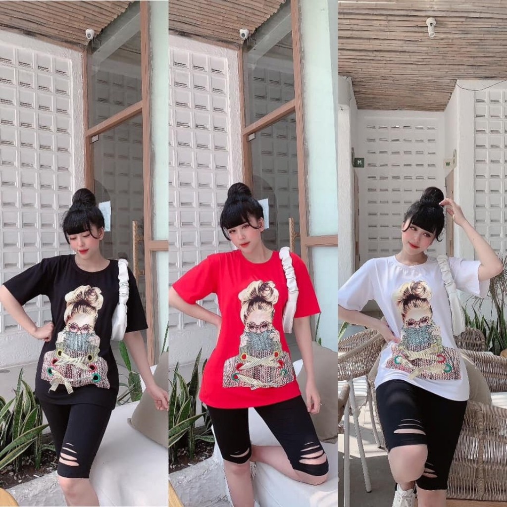 Đồ Bộ Nữ TS01331 Đồ Bộ Mặc Nhà Chất Cotton 100% Co Dãn Mịn Đẹp Quần Ngố Lửng Rách Nhẹ Hình In Cô Gái Size 40KG - 80Kg | BigBuy360 - bigbuy360.vn