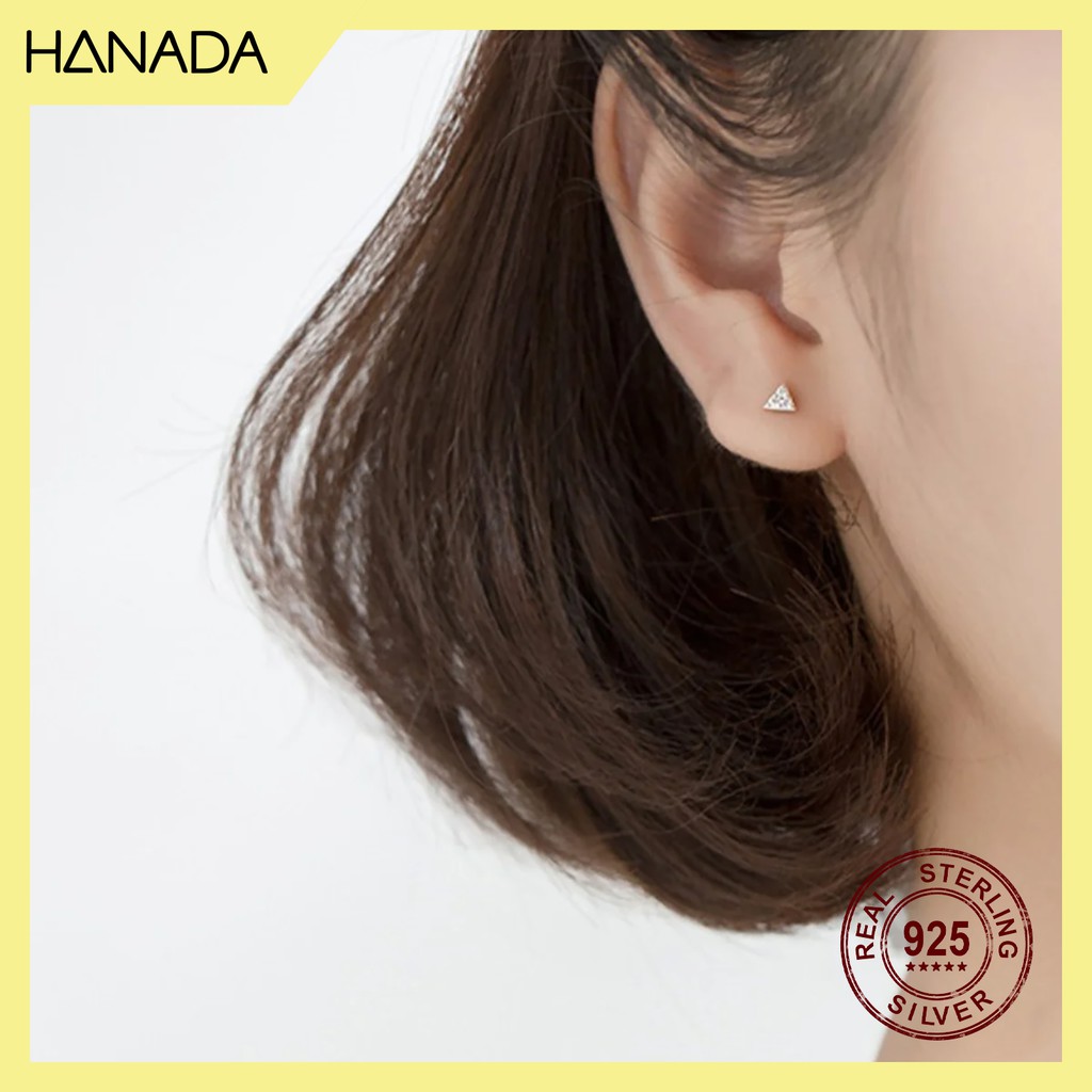 Bông Tai Bạc 925 Hanada Tam Giác 3 Đá Nhỏ Bông Nụ Đơn Giản Nam Nữ 0368