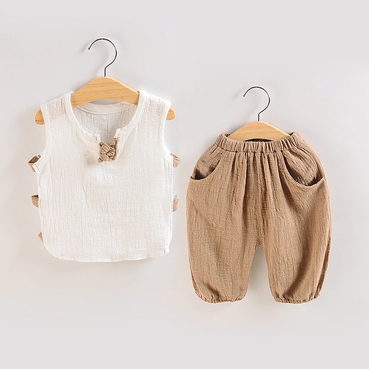 Set Đồ Mùa Hè 2 Món Gồm Áo Thun Không Tay + Quần Ngắn Màu Trơn Thời Trang Cho Bé Trai Và Gái