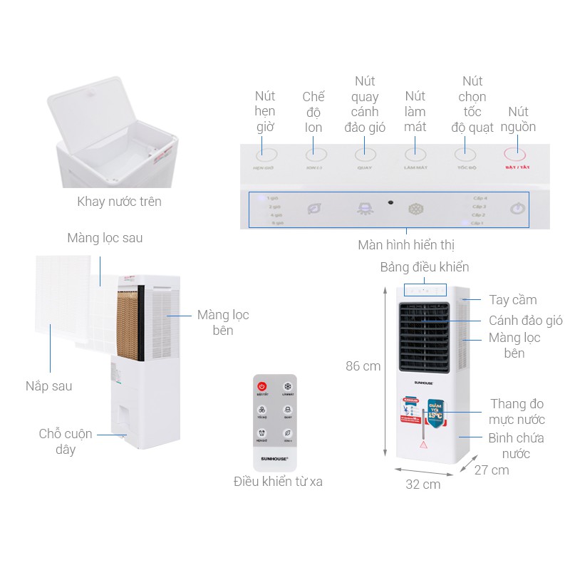 Máy làm mát không khí Sunhouse SHD7717 Quạt điều hòa không khí cho diện tích dưới 20m2