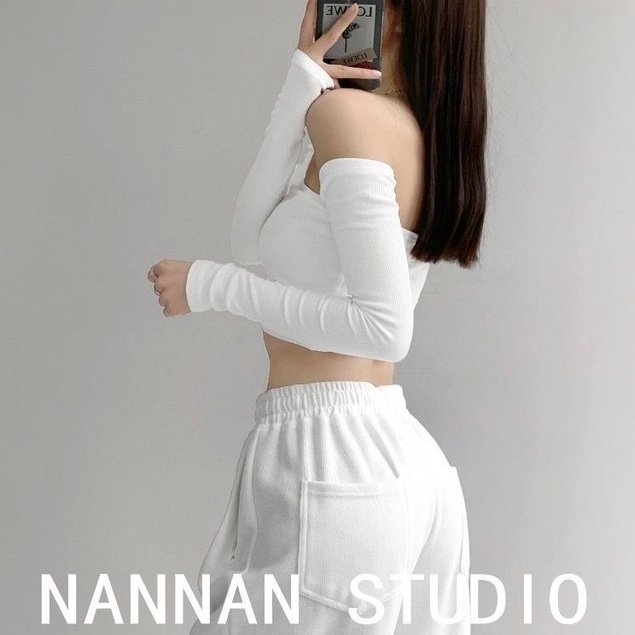 Crop top Dệt kim cắt sexy skinny dài tay bandeau top