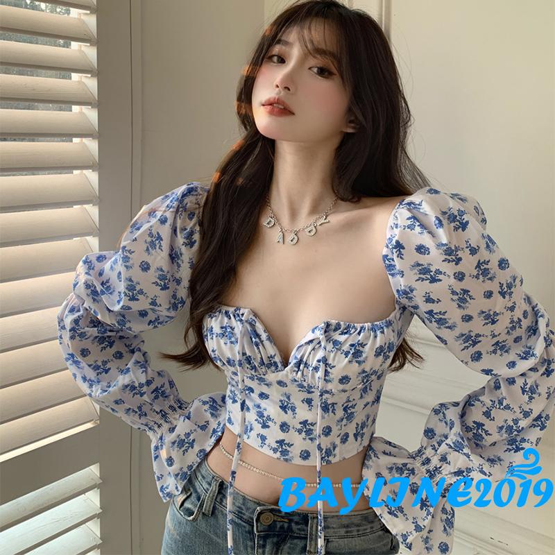 Áo Croptop Tay Dài Cổ Vuông Thời Trang Cho Nữ