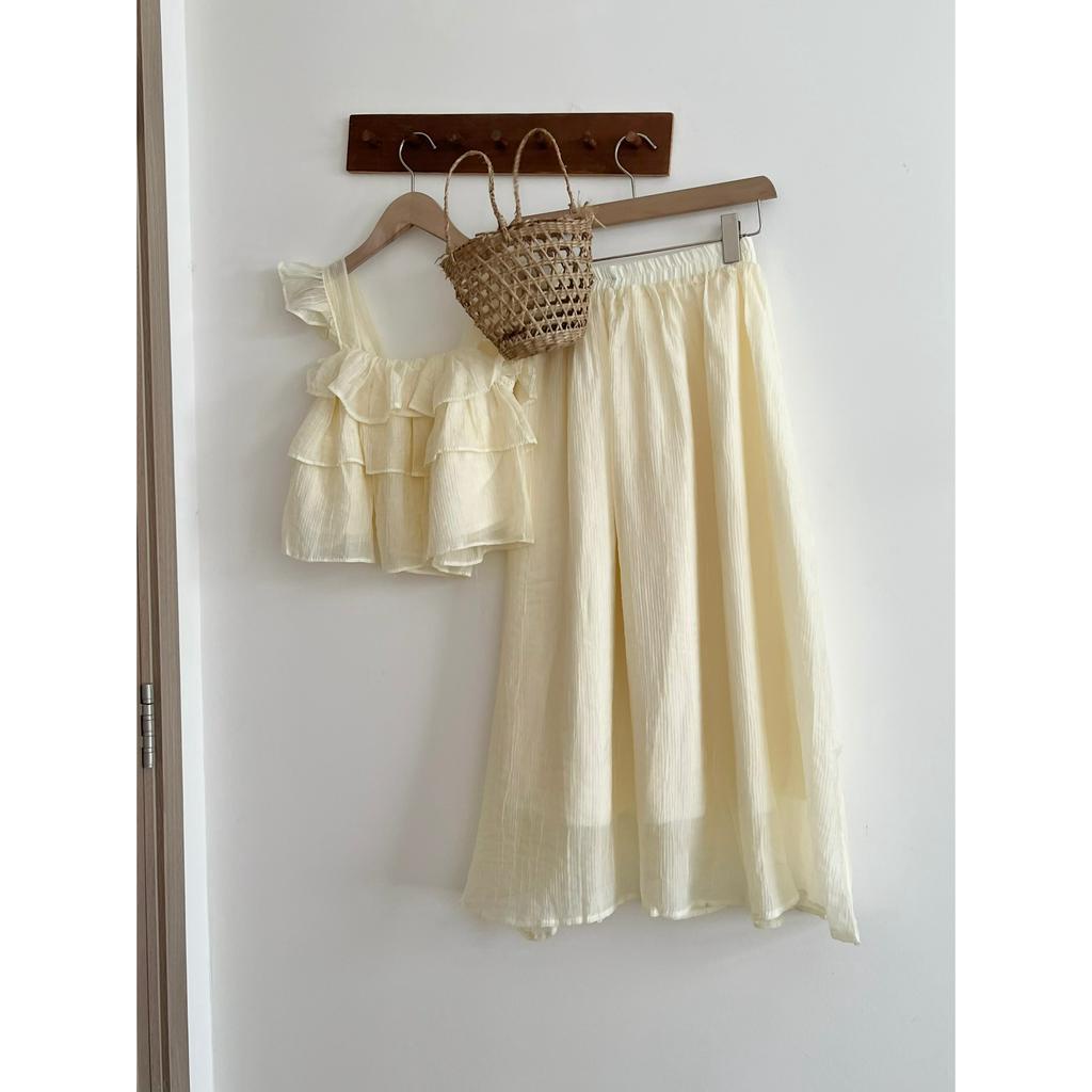 Set áo 2 dây cánh tiên tầng kèm chân váy dài chất tơ đũi