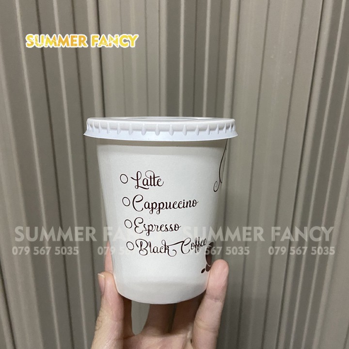 50 ly giấy 270ml ~ 9oz nắp đen phong cách Hàn Quốc Coffee time in hình, trắng trơn dùng 1 lần - Paper cup