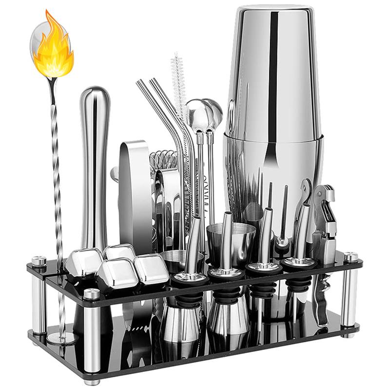 Bộ dụng cụ pha chế cocktail bằng thép không gỉ có giá đỡ acrylic