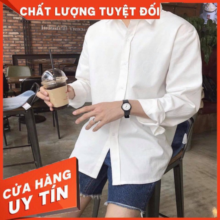 Áo sơ mi nam nữ trắng đen dài tay TRƠN không túi form rộng vải lụa mềm thấm hút | Tỉnh Lộ 10 - Hàng nhập khẩu
