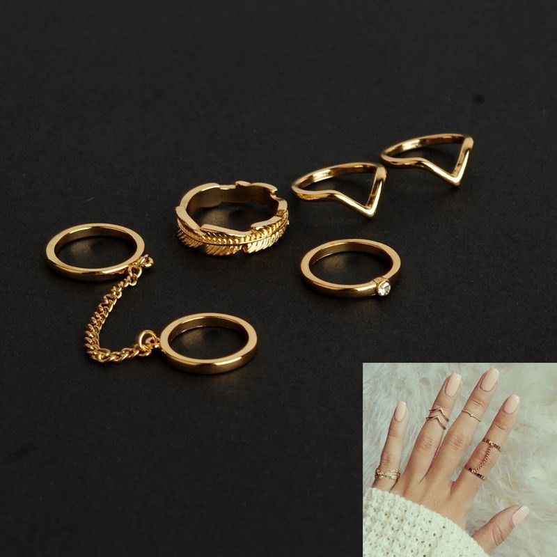 [CÓ SẴN] Bộ 6 Nhẫn Hợp Kim Chiếc Lá Dây Xích Phong Cách Hàn Quốc Cá Tính Cho Nữ - Set Nhẫn Hip Hop Punk NH-005