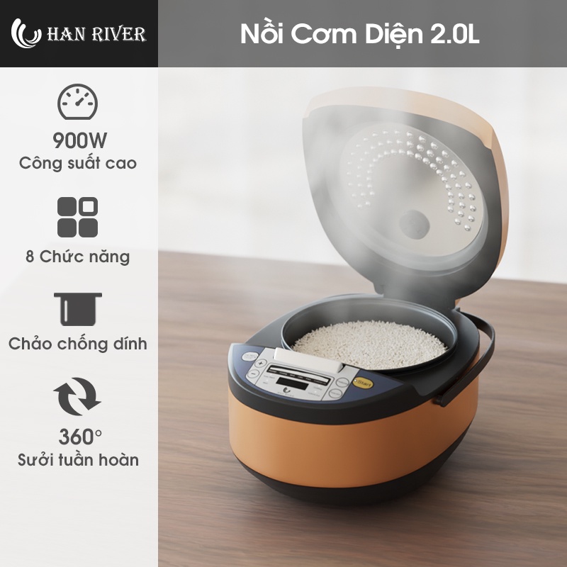 Nồi Cơm Điện 2 Lít HAN RIVER 8 Chức Năng Nấu Ăn Công Suất Cao 900w Chống Dính Màu Vàng Kim
