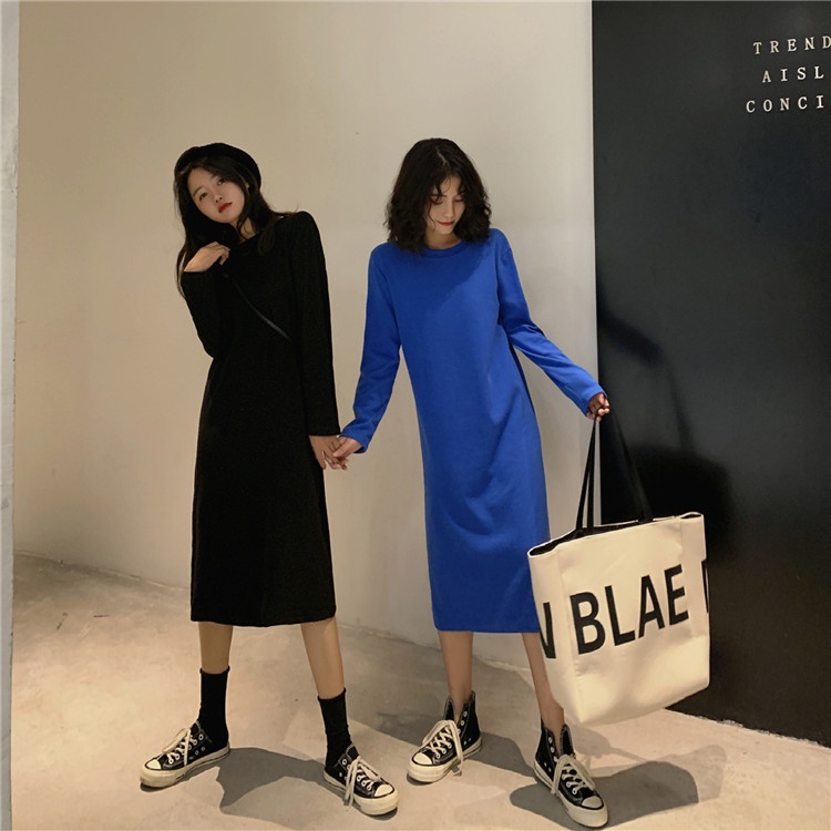 Áo Thun Tay Dài Dáng Rộng Màu Trơn Dài Qua Gối Thời Trang Mùa Thu Cho Nữ