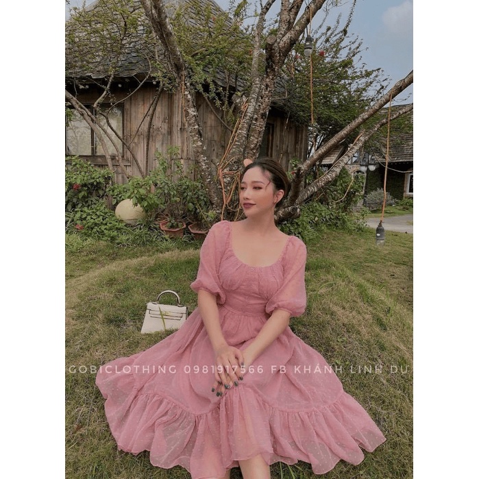(Mẫu Mới) Đầm Voan Hột Cổ Trò Rộng Dáng Xòe UP HHP