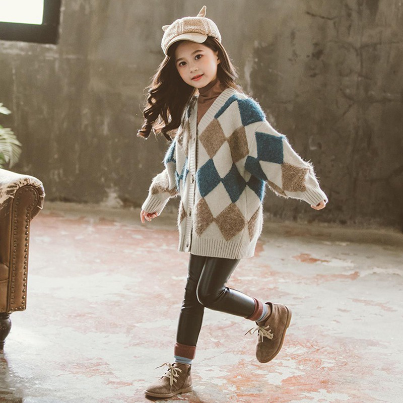 Áo khoác cardigan tay dài cổ chữ V phối nút cài thời trang thu đông xinh xắn dành cho bé gái