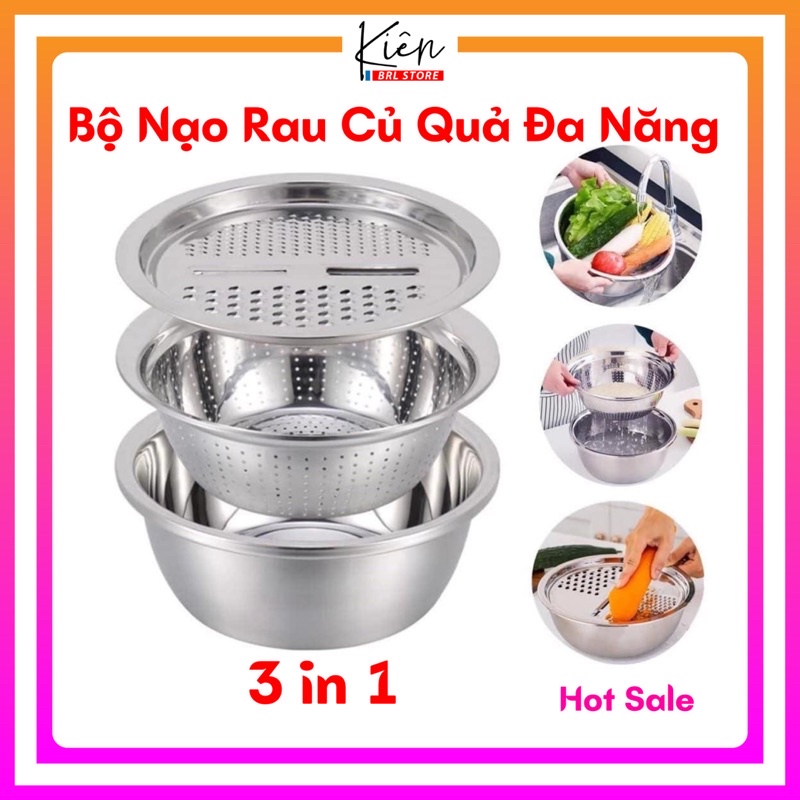 Bộ Nạo Rau Củ Quả Đa Năng Inox 3 in 1 - Bộ Rổ Nạo Củ Quả Kèm Chậu