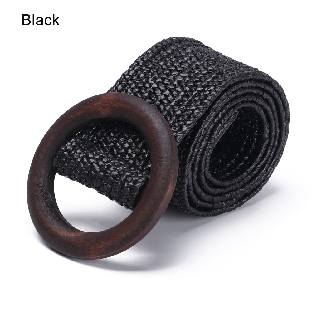 Thắt lưng cói PP bảng rộng phối khóa gỗ tròn thời trang làm phụ kiện cho đầm/áo sơ mi