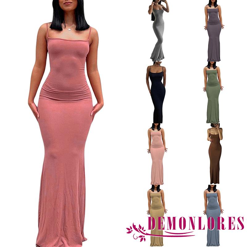 Đầm Dài Ôm Dáng Hai Dây Màu Sắc Trơn Dành Cho Nữ