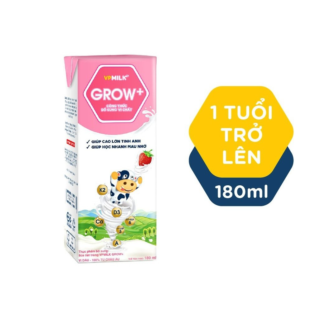 Sữa Tiệt Trùng VPMilk Grow+ Vị Dâu, Vị Chuối - Sữa Tươi Có Đường Hộp Giấy Uống Liền 180ml