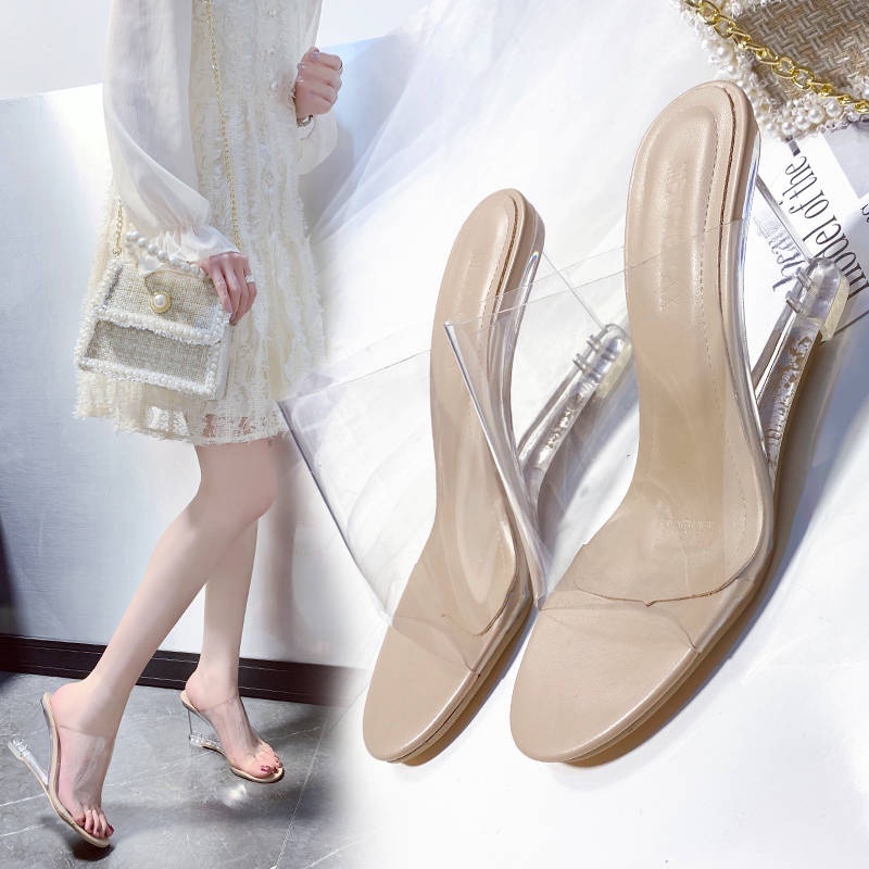 Dép đế xuồng Dép Sandal Cao Gót Mũi Vuông Quai Trong Suốt Thời Trang Mùa Hè