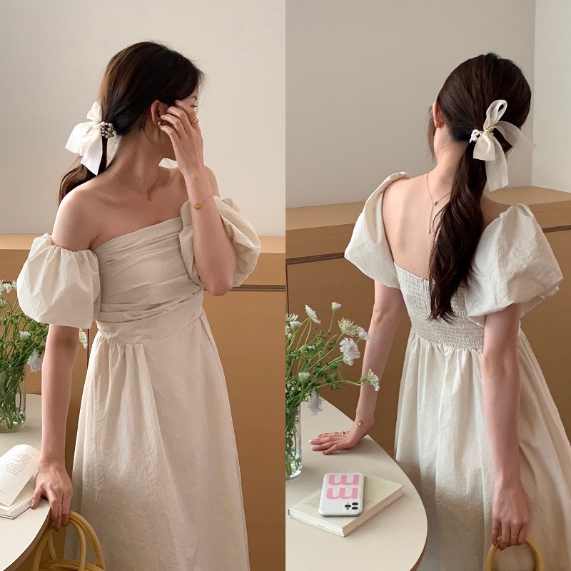Váy cúp ngực tay bồng tiểu thư có viền chống tuột, váy đi biển, dạo phố phong cách Hàn Quốc - V002