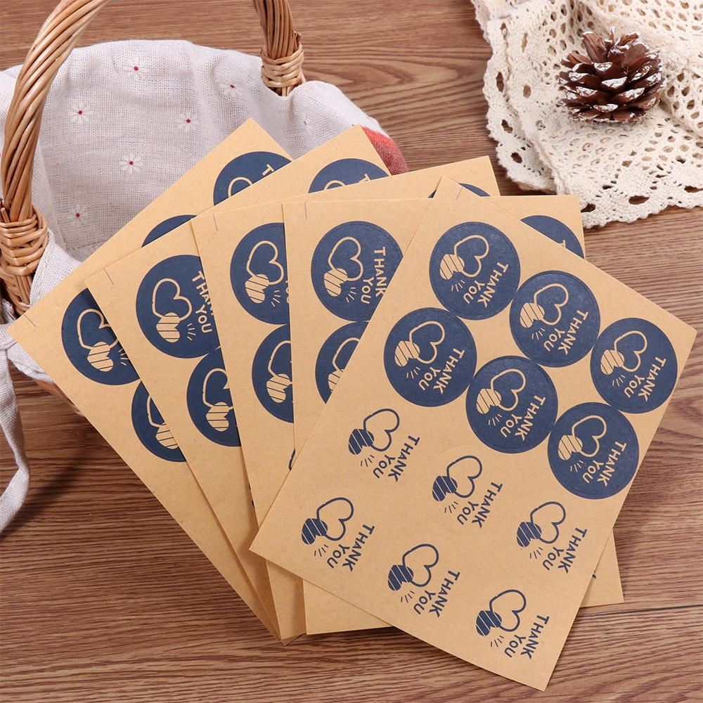 Set 60/120 nhãn dán tròn họa tiết trái tim và chữ "Thank You" trang trí đa năng