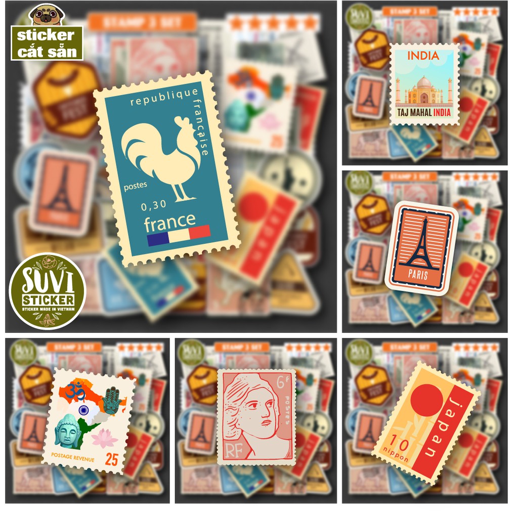 50 Sticker Vintage Stamp chống nước sticker dán laptop, điện thoại, đàn guitar, mũ bảo hiểm. MSP: V07