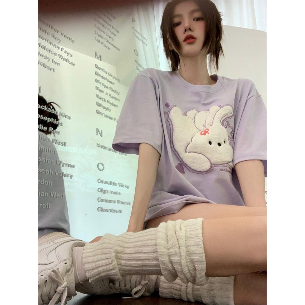 Áo Thun Tay Ngắn Rộng Thêu Hình Thỏ Dễ Thương 61850