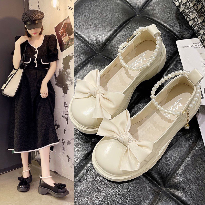 Giày Lolita Nữ Quai Ngọc Mũi Nơ, Phong Cách Hàn Quốc