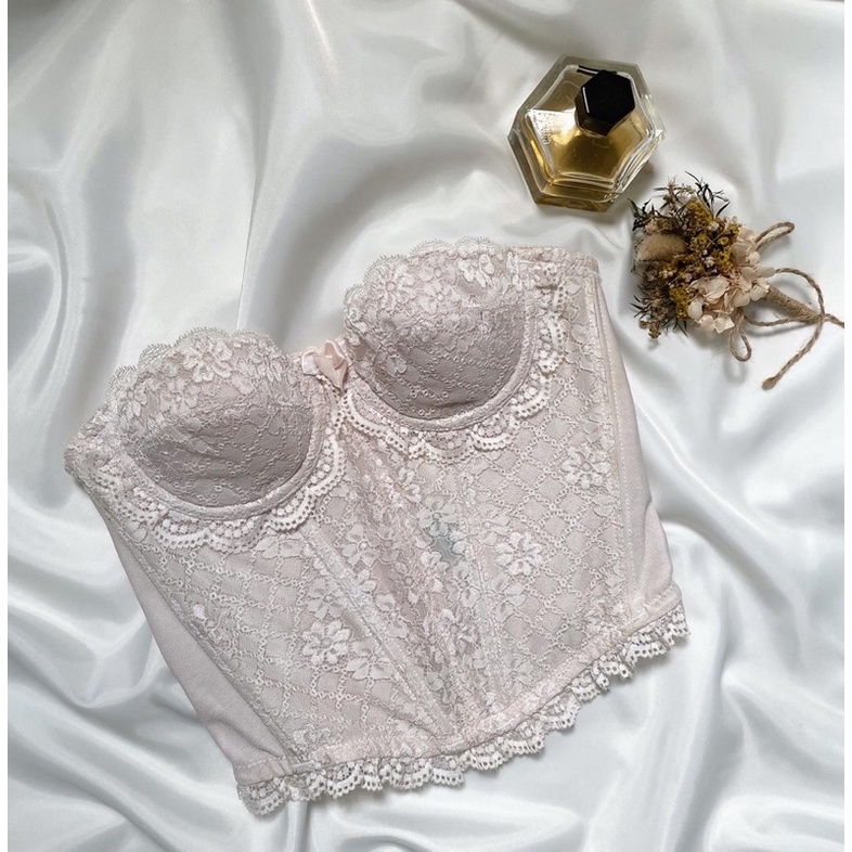 Áo corset croptop hồng trắng ren 2hand