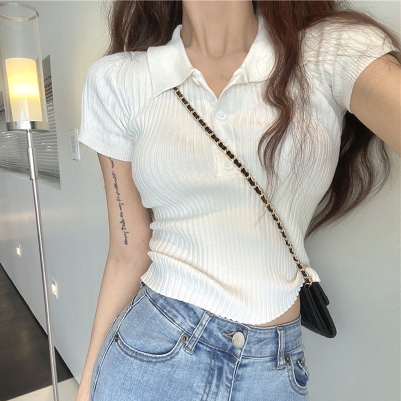 Xiaozhainv Áo croptop dệt kim tay ngắn cổ polo thời trang Hàn Quốc thanh lịch