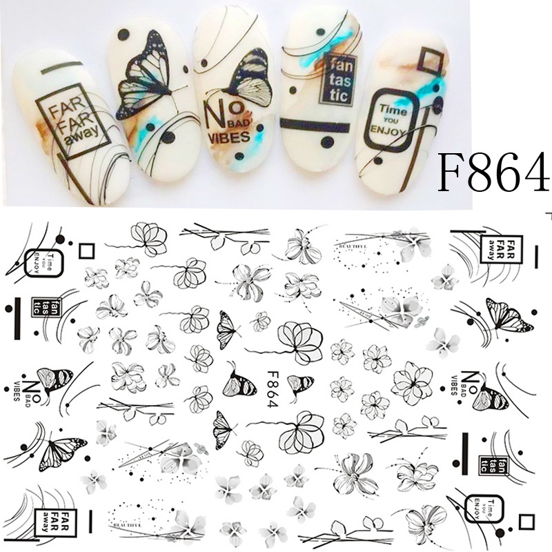 Miếng Dán Trang Trí Móng Tay 3D DIY Họa Tiết Hoa Và Bướm Màu Trắng Đen