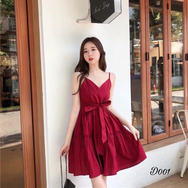 (D001)Đầm hai dây đỏ thắt nơ eo