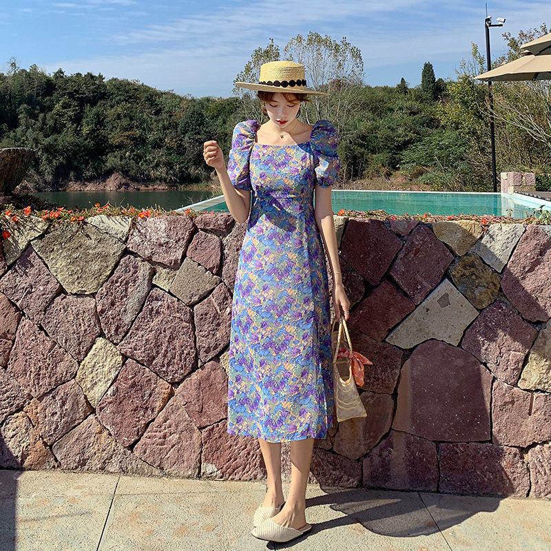 Đầm dài in hoa lá đáng yêu thanh lịch chất lượng cao