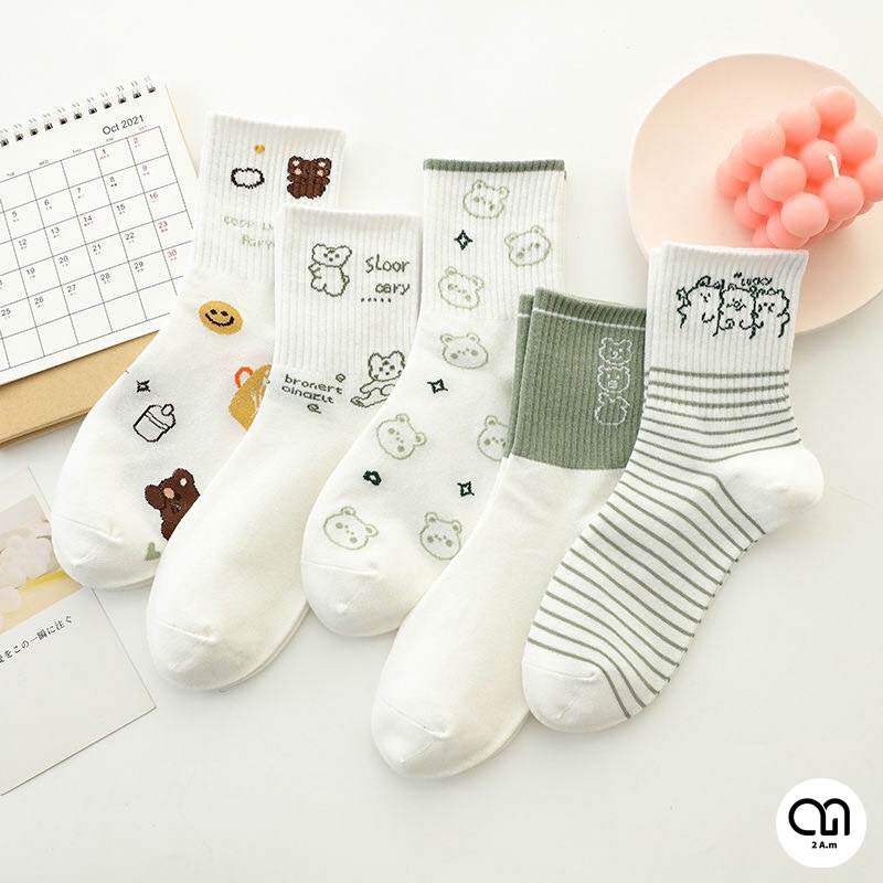 Tất Cổ Cao Nữ Thời Trang Hàn Quốc - Vớ Nữ Cao Họa Tiết Gấu Màu Xanh Trắng Phong Cách Hàn Quốc - 2AM