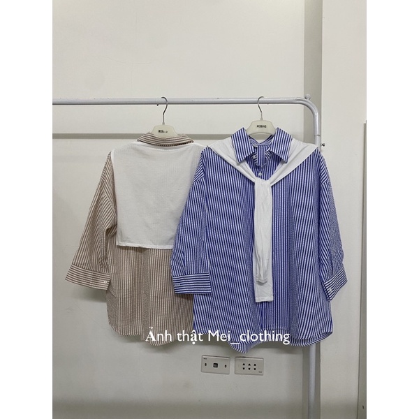 [Ảnh thật/video] Áo sơmi kẻ tay lỡ Ulzzang cổ thuỷ thủ kèm khăn choàng (có thể tháo rời)