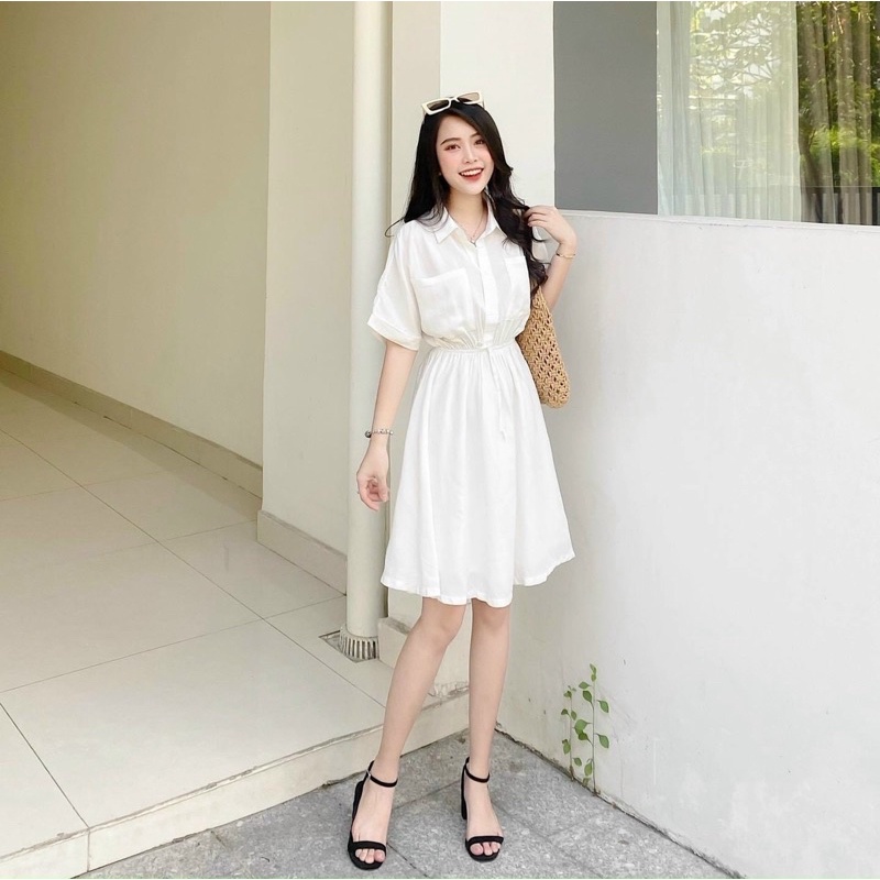 Đầm váy sơ mi thun eo 2 màu