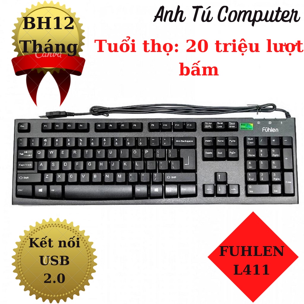 Bàn phím máy tính fuhlen l411, bàn phím máy tính có dây cổng kết nối usb 2.0
